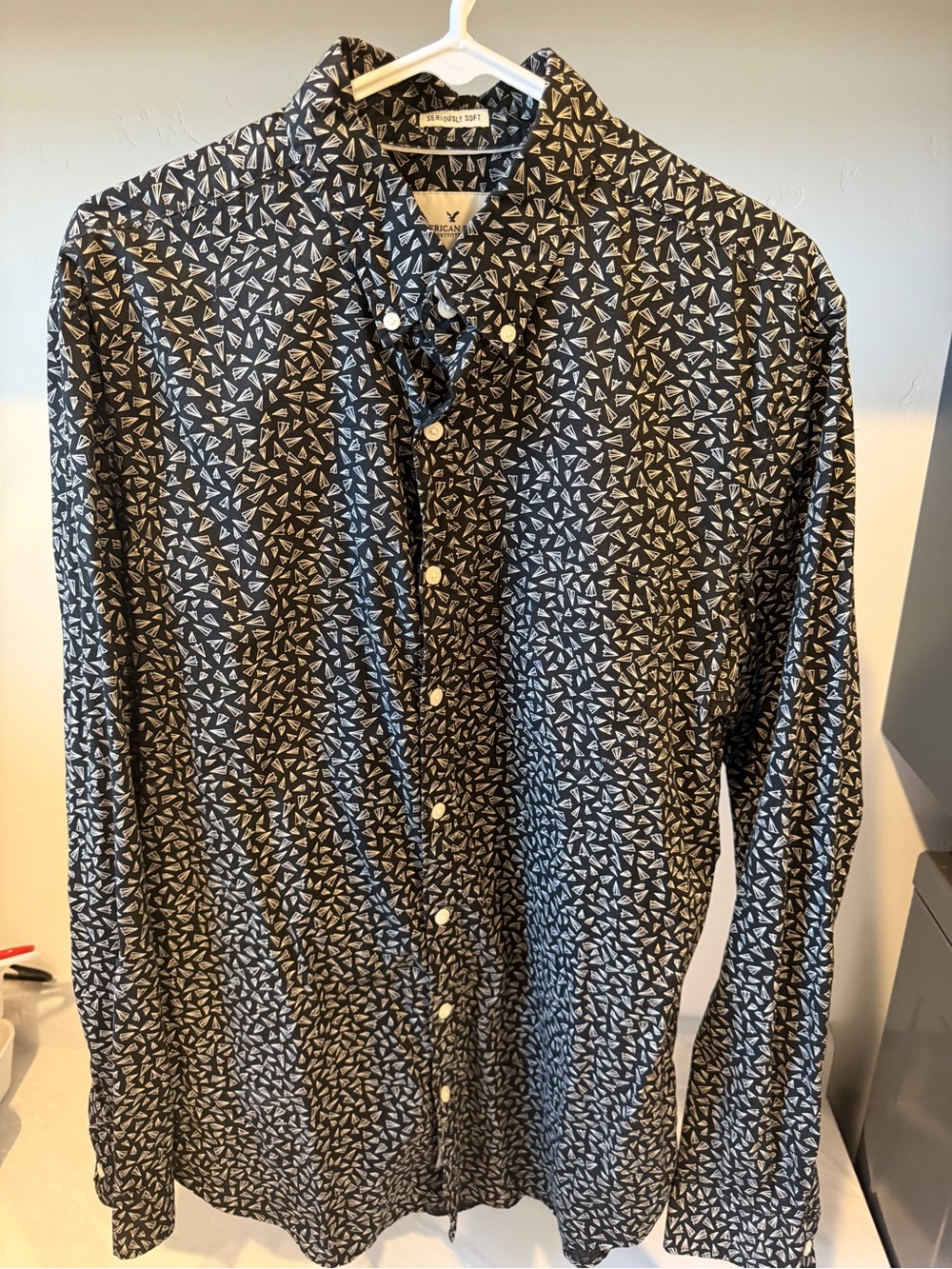 American Eagle Outfitters Black Button-Down Shirt with White Abstract Print